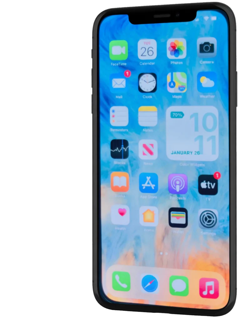 Modern smartphone displaying a colorful home screen with app icons on a clean, light background.